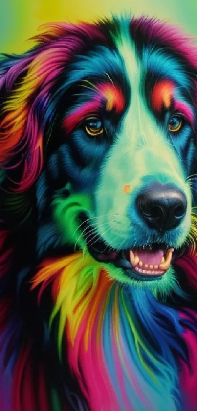 Vibrant, colorful dog artwork with rainbow hues and abstract design.