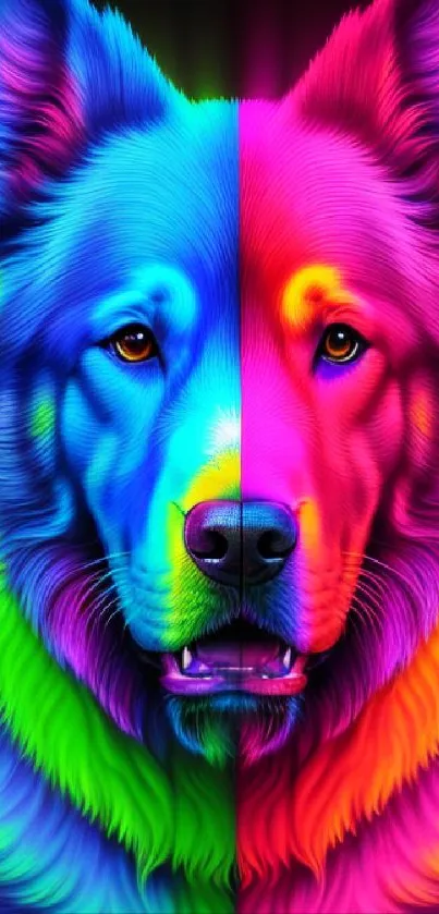 Vibrant rainbow-colored dog artwork with striking colors.