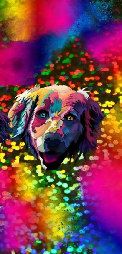 Colorful rainbow dog with abstract dot background mobile wallpaper.