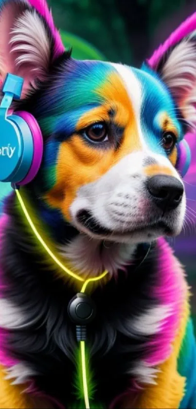 Colorful dog wearing blue headphones on a vibrant background.
