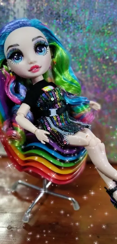 A vibrant doll with rainbow hair on a rainbow chair.