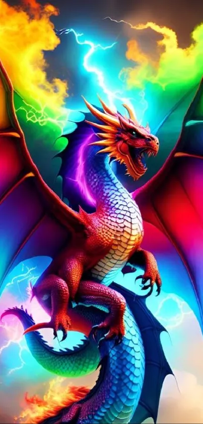 Vibrant rainbow dragon with electrifying colors and lightning effects.