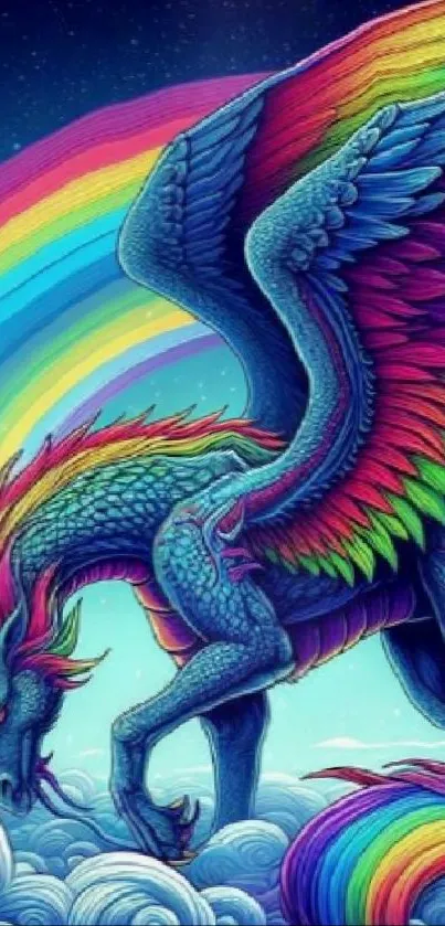 Vibrant dragon with rainbow wings soaring in a mystical sky.