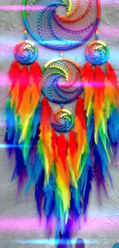 Vibrant and colorful dreamcatcher wallpaper with feathers.