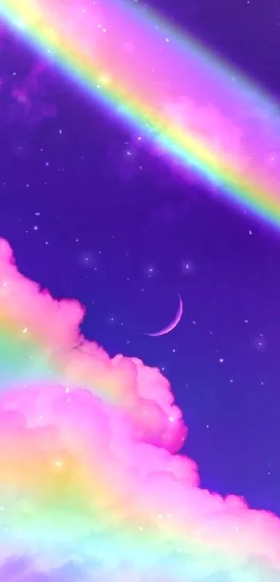 Vibrant rainbow clouds and crescent moon in a starry sky.