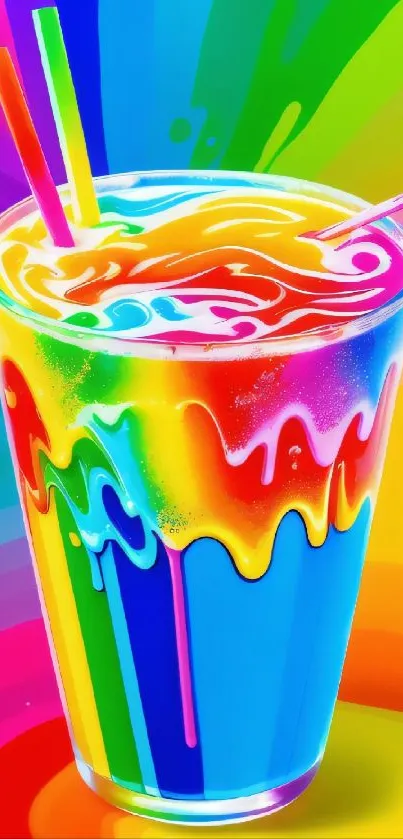 Colorful rainbow drink with swirling vibrant hues.