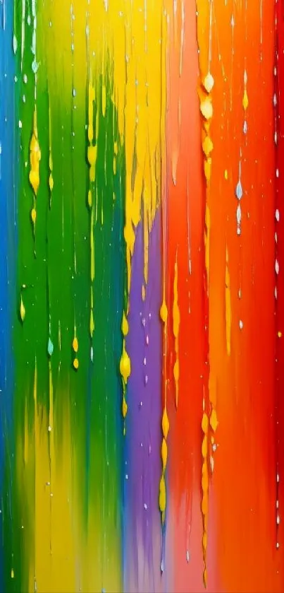 Vibrant dripping rainbow paint on wallpaper background.