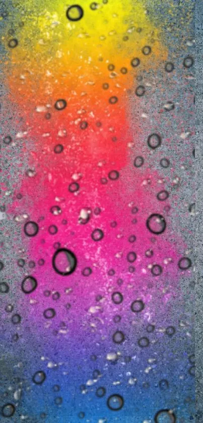 Vibrant mobile wallpaper with rainbow colors and water droplets on textured surface.