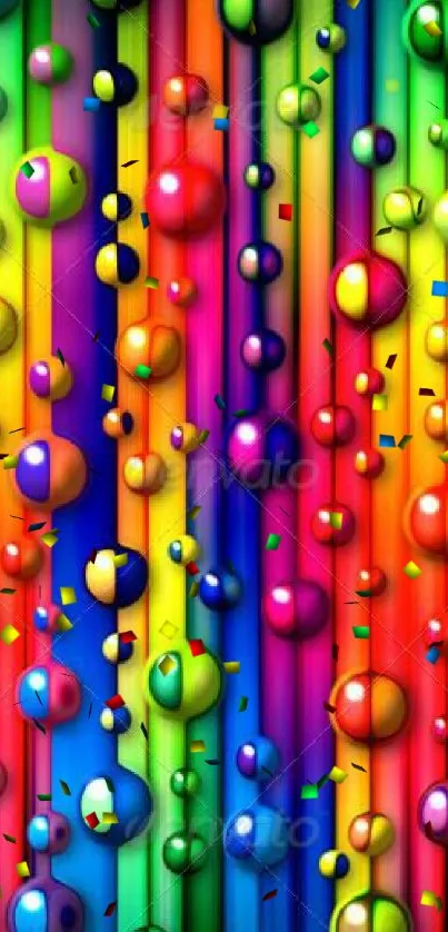 Colorful rainbow drops on a vibrant wallpaper with glossy 3D effect.