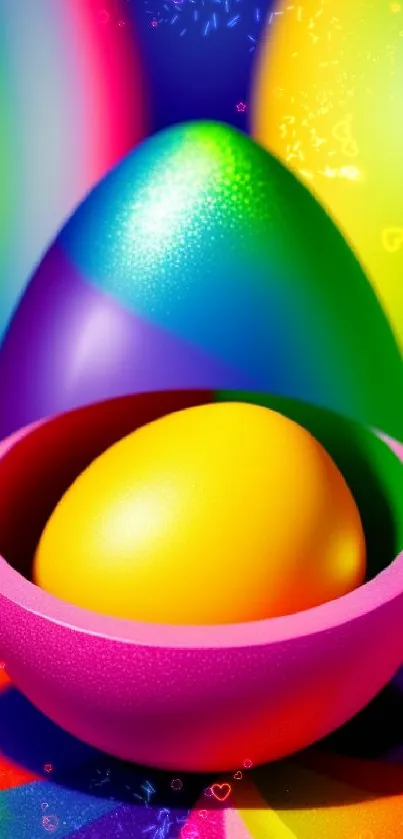 Colorful 3D eggs in a vibrant rainbow setting.