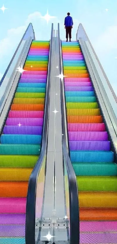 Eye-catching rainbow escalator wallpaper with vibrant colors and a blue sky backdrop.