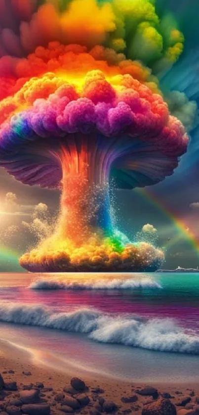Vibrant rainbow cloud with seascape and rocks.