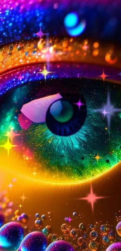 Vibrant rainbow-colored eye with neon patterns.