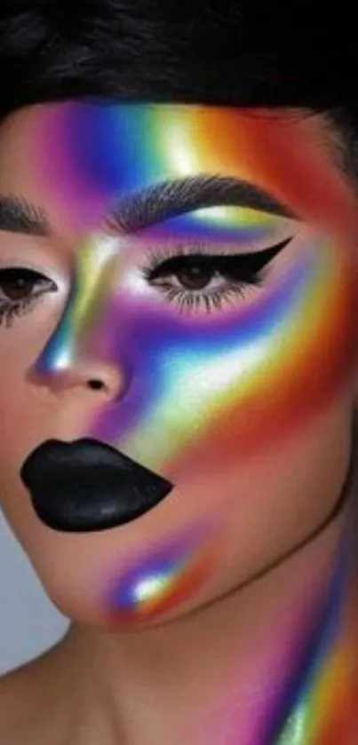 Vibrant rainbow face art with bold makeup on a mobile wallpaper.