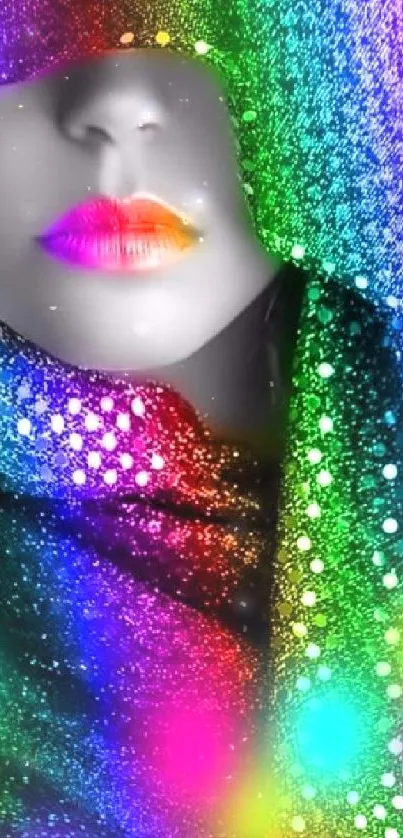 Colorful rainbow-themed artistic wallpaper with glittering effects on face.