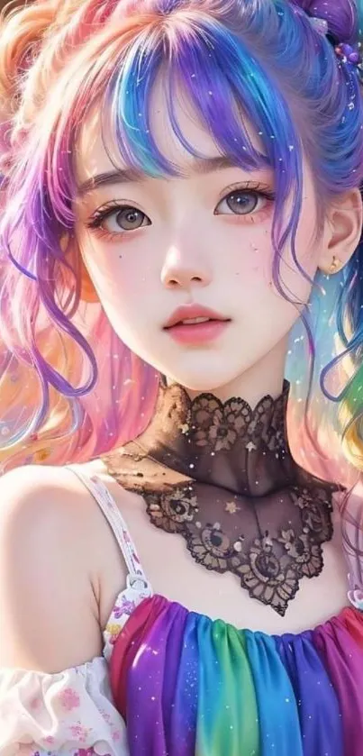 Anime-inspired girl with rainbow hair and intricate black choker.