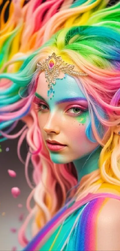 Fantasy art portrait with vibrant rainbow colors in mobile wallpaper.