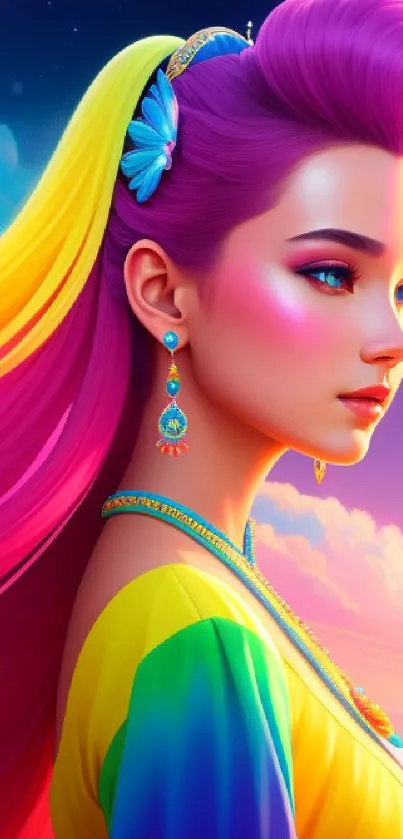 Vibrant fantasy character with rainbow hair against a sunset sky.