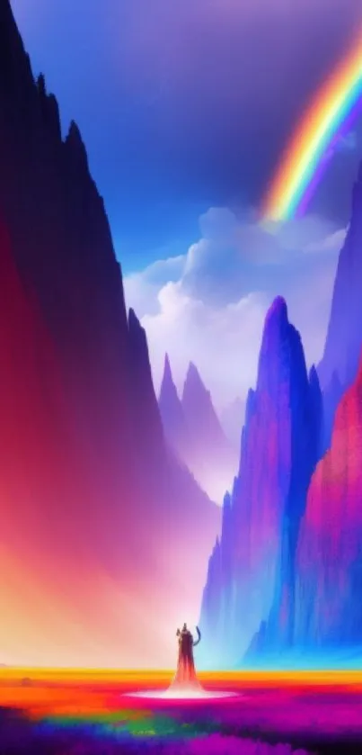 A vibrant fantasy landscape with mountains and a rainbow.