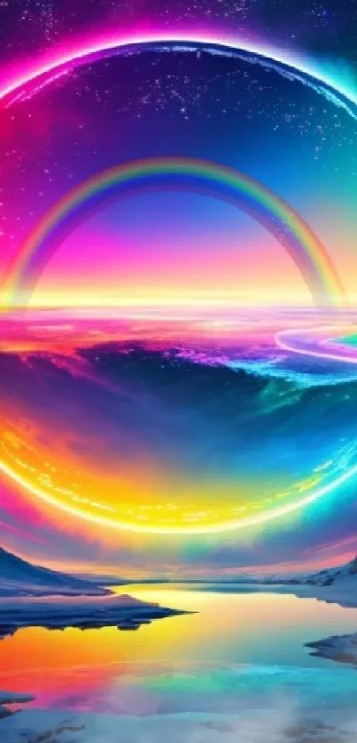 Colorful vibrant rainbow circle over serene fantasy landscape.