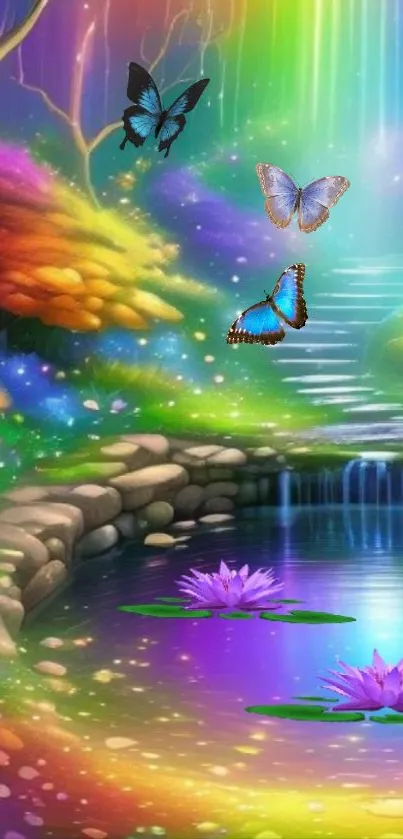Fantasy landscape with rainbow colors and a serene pond.