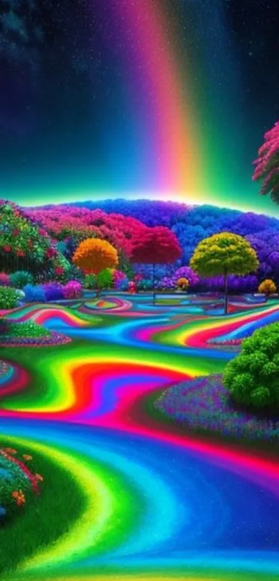 Vibrant fantasy landscape with rainbow colors and trees.