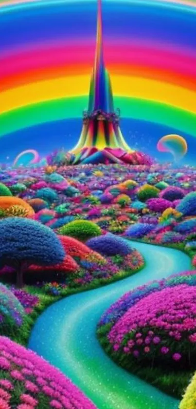 Vivid rainbow and fantasy landscape with colorful trees and surreal scenery.