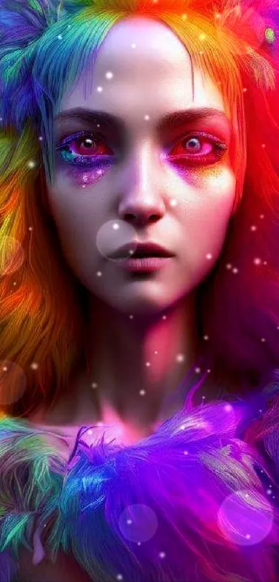 Fantasy portrait with vivid rainbow colors and neon details for mobile wallpaper.