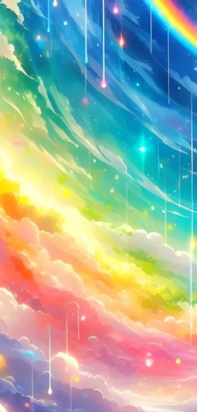 Vibrant fantasy sky with rainbow hues and clouds.
