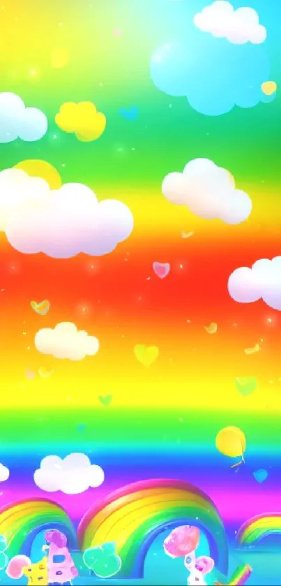 Vibrant rainbow wallpaper with clouds and fantasy elements.