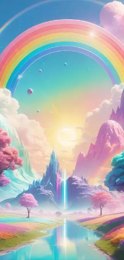 Fantasy landscape with rainbow and vibrant colors, perfect for phone wallpaper.