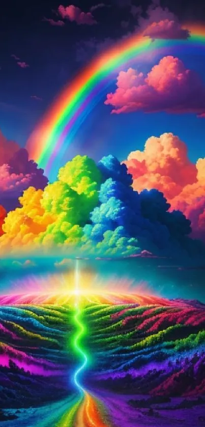 Vibrant rainbow fantasy wallpaper with colorful clouds and mystical landscape.