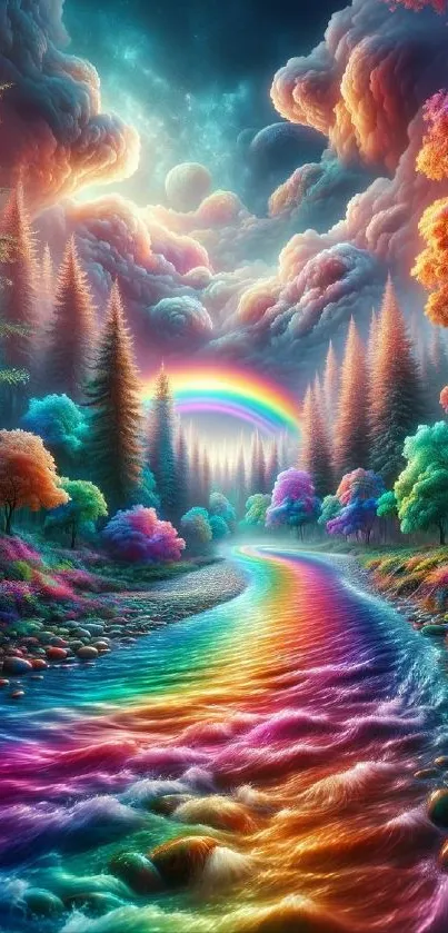 Vibrant fantasy landscape with rainbow river and sky.