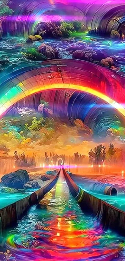 Vibrant fantasy rainbow landscape wallpaper for mobile.