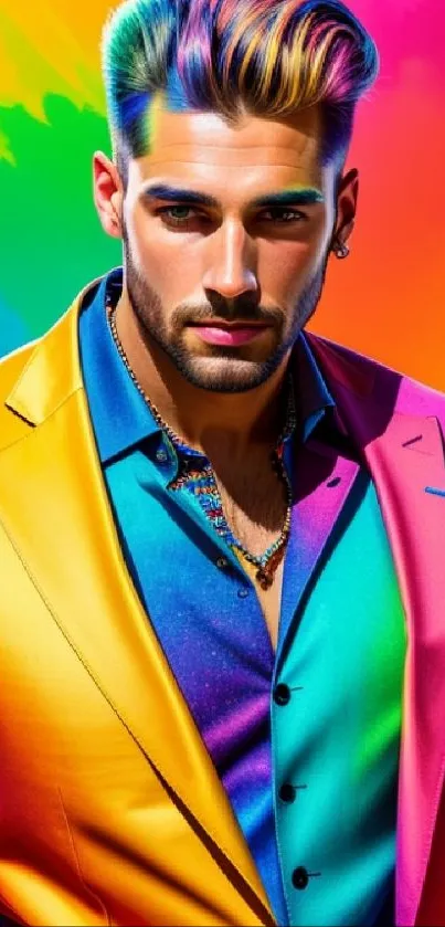 Vibrant portrait of a man in multicolored fashion suit.