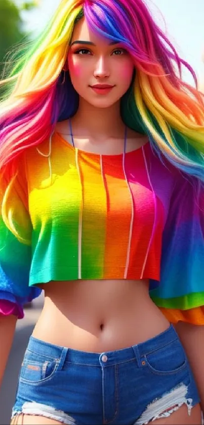 Vibrant rainbow-haired woman with colorful outfit in a modern urban setting.
