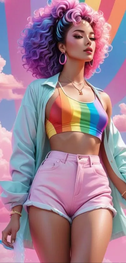 Stylish woman with rainbow hair against pink sky wallpaper.
