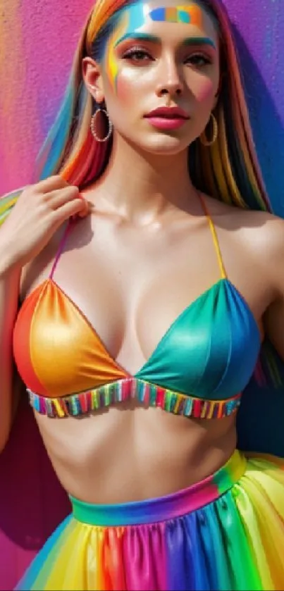Colorful fashion model in rainbow attire against a vibrant background.