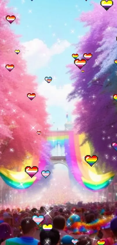 Vibrant festival scene with rainbow hearts and sparkling trees.