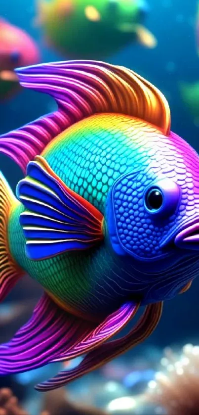 Colorful vibrant fish in an underwater scene with rainbow hues.