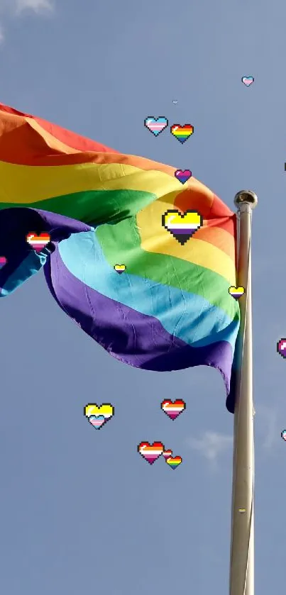 Vibrant rainbow flag waving in the blue sky