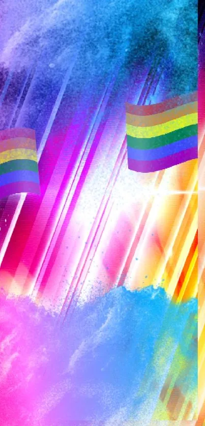 Vibrant abstract wallpaper with rainbow flag and blue accents.