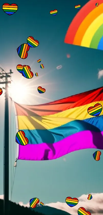 Vibrant rainbow flag flying under a sunny sky with a colorful arc.