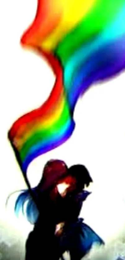 Anime couple embracing under rainbow flag.