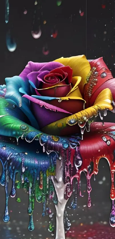 Rainbow-colored rose with dripping paint effect in vibrant floral artwork.