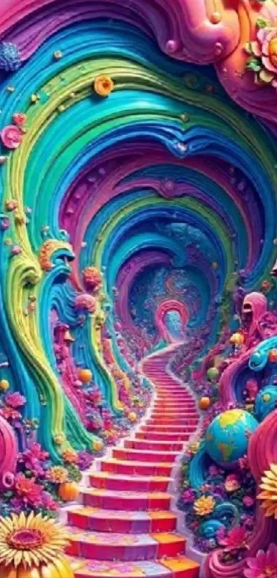 Colorful psychedelic pathway with vibrant flowers.