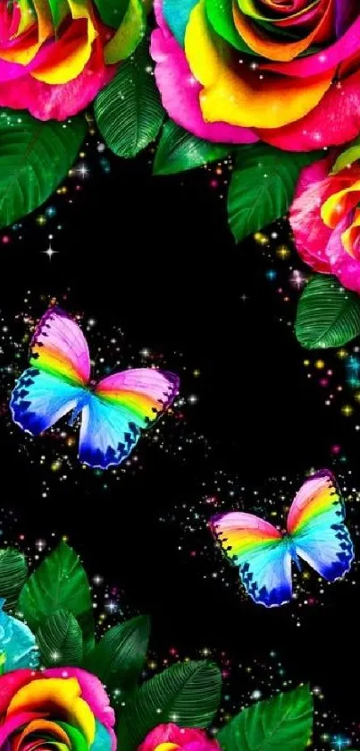 Rainbow roses and butterflies wallpaper with vibrant, colorful design.