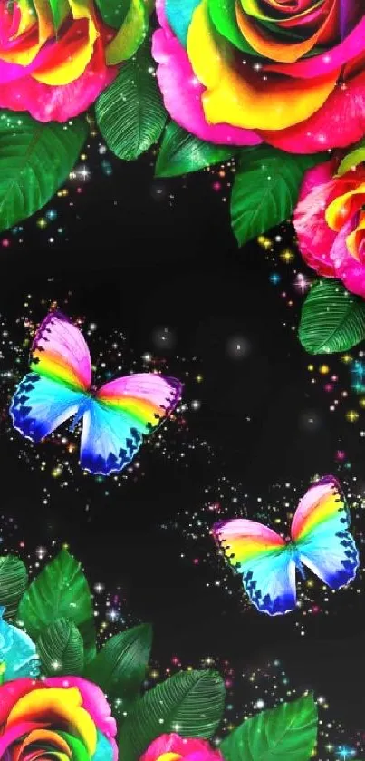 Bright rainbow roses and butterflies on a dark background.