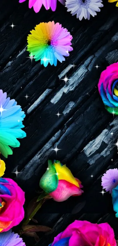 Vibrant rainbow roses and daisies on dark wood wallpaper.