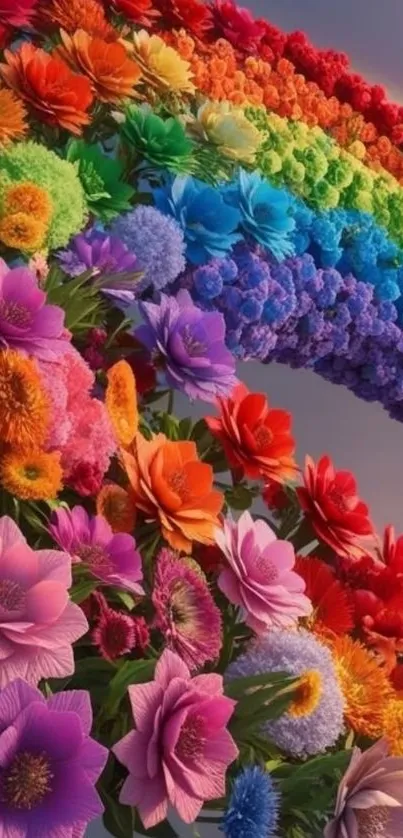 Colorful rainbow arch made of vibrant flowers.
